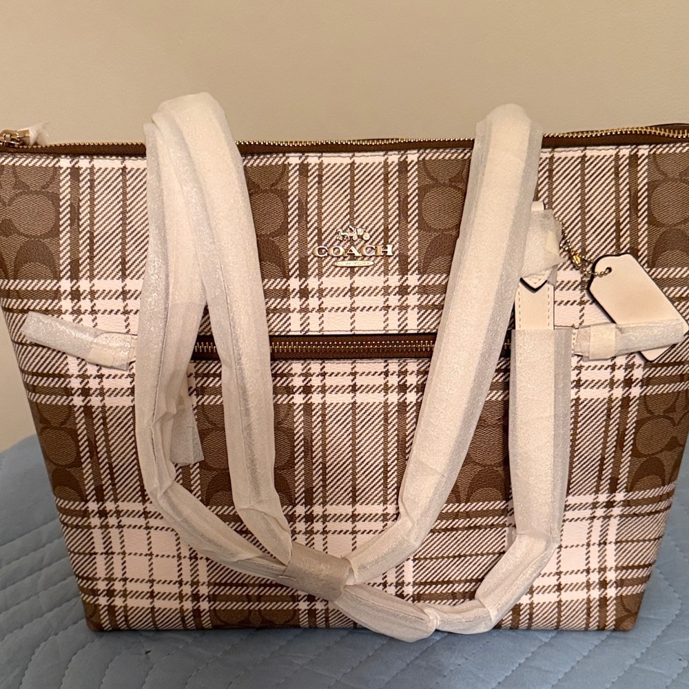 Coach Plaid Signature Tote in Brown and Cream